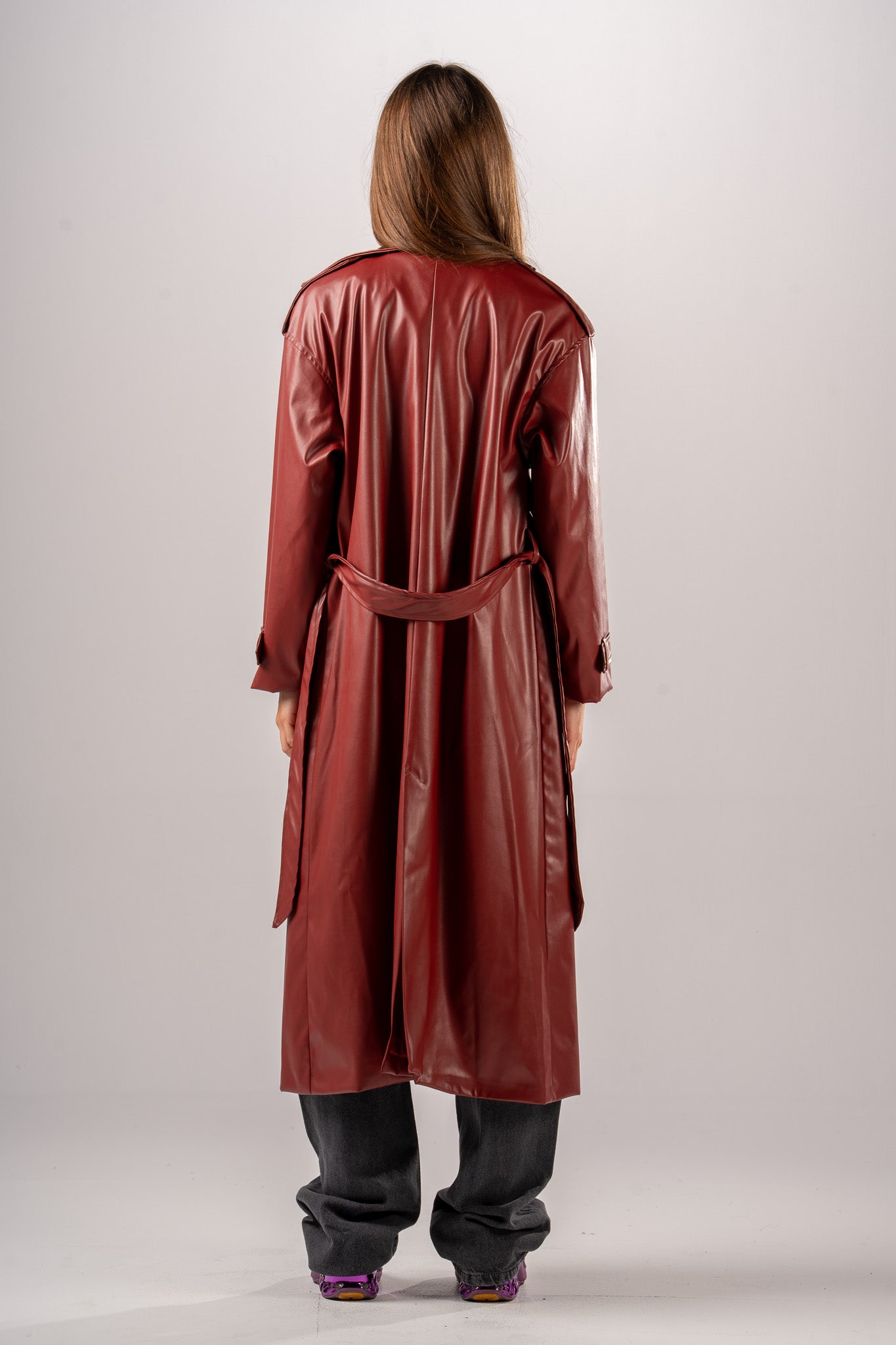 Burgundy Double Breast PU Coat